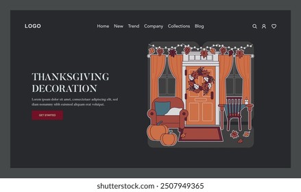 Thanksgiving Day concept. Cozy home entrance adorned with autumn wreath, pumpkins, and festive decor. Seasonal celebration mood capture. Vector illustration.