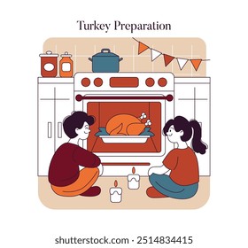 Thanksgiving Day concept. Family enjoying a moment of cooking a turkey together in a homey kitchen setting. Warm holiday preparations scene. Vector illustration.