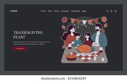 Thanksgiving Day concept. A family enjoys a festive dinner with a roasted turkey centerpiece, embodying warmth and tradition. Celebratory mood in elegant design. Vector illustration.