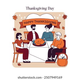 Thanksgiving Day concept. A family gathering around a table to share a traditional festive meal with turkey and pumpkin. Warm autumn celebration. Vector illustration.