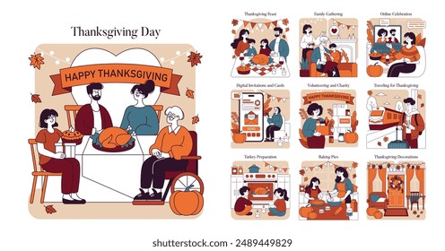 Thanksgiving Day concept. Festive family gatherings, meal preparation, and holiday activities. Celebrations, both traditional and digital, are depicted. Vector illustration.