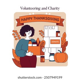 Thanksgiving Day concept. A person donates food for charity, embodying the spirit of giving and community support. Vector illustration.