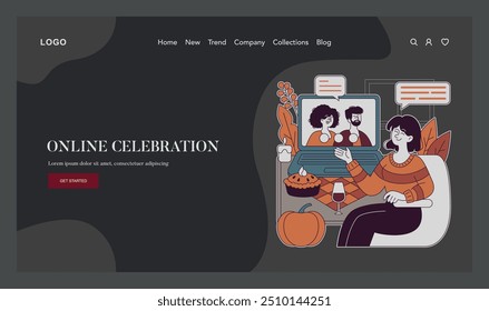 Thanksgiving Day concept. A person joining family celebration online, with festive food and decorations. Virtual gathering, autumn holiday cheer. Vector illustration.