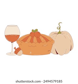 Thanksgiving Day concept. Thanksgiving pie, pumpkin, cranberry and more. Vector isolated illustration.
