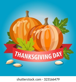 Thanksgiving Day concept with pumpkin, seeds and leaves background with ribbon, can be use as flyer, banner or poster.