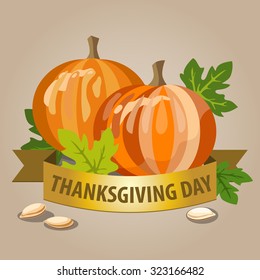 Thanksgiving Day concept with pumpkin, seeds and leaves background with ribbon, can be use as flyer, banner or poster.