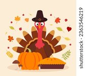 Thanksgiving day concept. Turkey, pumpkins, mushrooms. Vector graphics in cartoon style