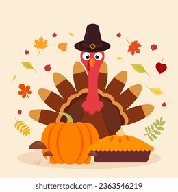 Thanksgiving day concept. Turkey, pumpkins, mushrooms. Vector graphics in cartoon style