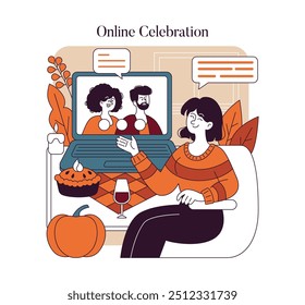 Thanksgiving Day concept. Woman enjoys an online celebration with loved ones, featuring festive elements like pumpkin pie. Vector illustration.