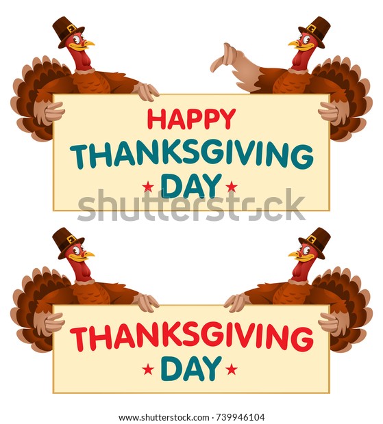 Thanksgiving day congratulations\
banners with turkeys. Cartoon styled vector illustration. Elements\
is grouped and divided into layers. No transparent objects.\
