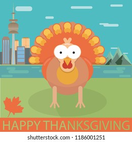 Thanksgiving day congratulatory illustration. Traditional food turkey. National Attractions in Canada at background.