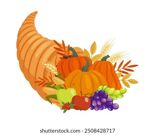 Thanksgiving Day cornucopia. Fall harvest horn with plenty of pumpkins, corns, grapes, apples decorated by leaves and cranberries