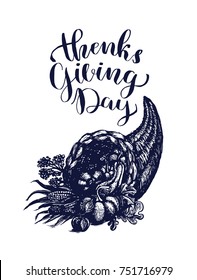 Thanksgiving day. Cornucopia hand drawn Isolated vector illustration. Organic product for menu or packaging. Engraving. 