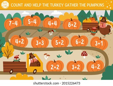 Thanksgiving Day counting dice board game for children with cute turkey driving a car with pumpkins. Autumn holiday boardgame with numbers. Fall math activity or printable worksheet for kids.
