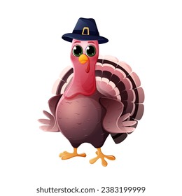 Thanksgiving Day. Cute cartoon character turkey bird in pilgrim hat . Vector illustration