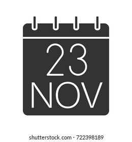 Thanksgiving Day date glyph icon. Black friday. Silhouette symbol. Twenty third of November. Negative space. Vector isolated illustration