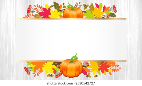 Thanksgiving Day decoration with 3d pumpkin and autumn leaves. Vector concept with rowan berries, maple leaves, oak leaves and acorns on wooden planks background