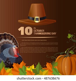 Thanksgiving Day design (Canada). 10th October. Thanksgiving background. Vector illustration with pumpkin, turkey, fallen autumn leaves and pilgrim's hat