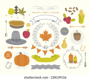 Thanksgiving day design elements. celebration, banner, ampersand, corn, acorn, sunburst,  beans, maple leaf, american, greeting,harvest, traditional, invitation, family, season, meal, november 