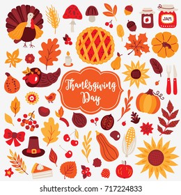 Thanksgiving Day design elements. Turkey, mushroom, acorn, berry, jam, pumpkin, pie, candle, sunflower, hat, corn, cornucopia,  chestnut, walnut,  flower, leaves on white background. 