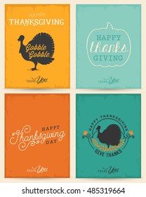 Thanksgiving Day Design Elements in Vintage Style. Colorful Typographical Thanksgiving Greeting Card Set. Vector Illustrations