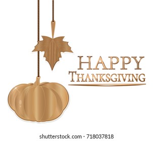 Thanksgiving Day design. Golden pumpkin, golden autumn leaves and gold lettering Happy Thanksgiving. Vector illustration isolated on white background