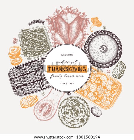 Thanksgiving day dinner menu design in color. With roasted turkey, cooked vegetables, rolled meat, baking cakes and pies sketches. Vintage autumn food wreath. Vector Thanksgiving day background.