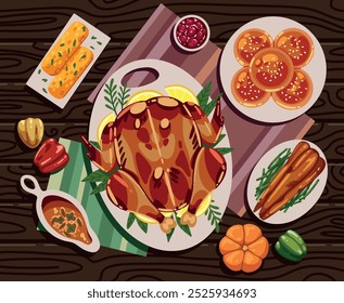 Día de Acción de Gracias Ilustración vectorial de mesa. Pavo asado, bollos en un plato, zanahorias asadas con frijoles, maíz asado en la mazorca, salsa de arándanos, salsa, mini calabaza, pimientos dulces	