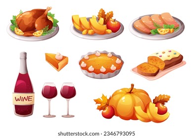 Thanksgiving day dishes. Festive turkey dinner, autumn meals buffet with pumpkin piece pie wine fall seasons vegetable cooked food dish on plate, cartoon vector illustration of thanksgiving turkey