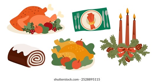 Thanksgiving day dishes stickers. Festive turkey dinner. Dinner Together. Cartoon autumn harvest and fall leaves illustration. Festive table with turkey, candles, Christmas cupcake and cutlery