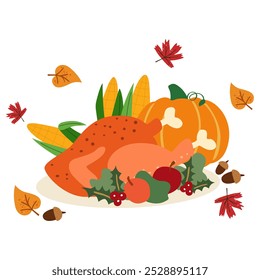 Thanksgiving day dishes stickers. Festive turkey dinner. Dinner Together. Cartoon autumn harvest and fall leaves illustration. Festive table with turkey, candles, Christmas cupcake and cutlery