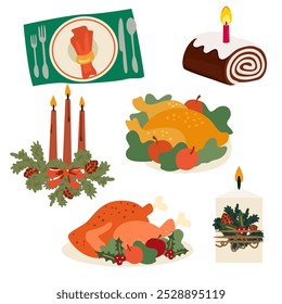 Thanksgiving day dishes stickers. Festive turkey dinner. Dinner Together. Cartoon autumn harvest and fall leaves illustration. Festive table with turkey, candles, Christmas cupcake and cutlery