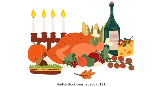 Thanksgiving day dishes stickers. Festive turkey dinner. Dinner Together. Cartoon autumn harvest and fall leaves illustration. Festive table with turkey, candles, Christmas cupcake and cutlery