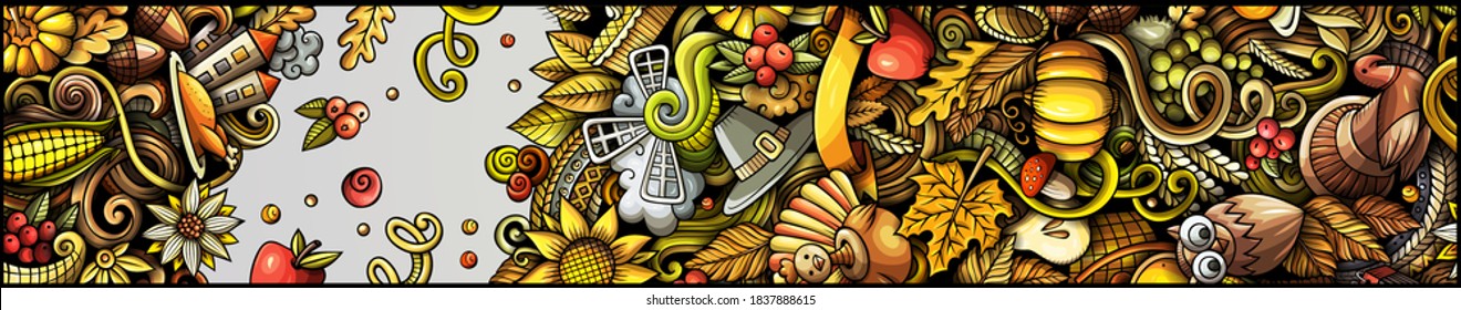 Thanksgiving day doodle banner design. Cartoon background. Harvest flyer template. Color vector celebration illustration