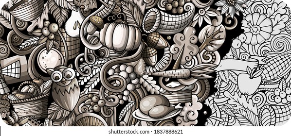 Thanksgiving day doodle banner design. Cartoon background. Harvest flyer template. Monochrome vector celebration illustration
