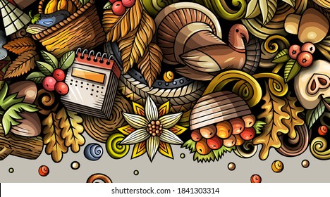 Thanksgiving day doodle banner design. Cartoon background. Harvest flyer template. Color vector celebration illustration