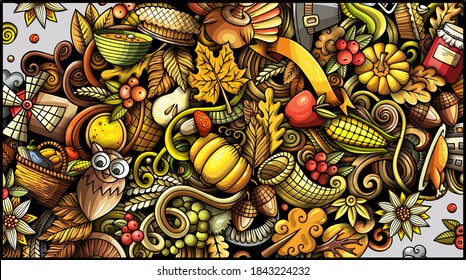 Thanksgiving day doodle banner design. Cartoon background. Harvest flyer template. Color vector celebration illustration