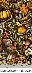 Thanksgiving day doodle banner design. Cartoon background. Harvest flyer template. Color vector celebration illustration