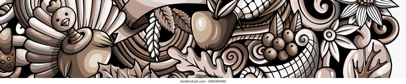 Thanksgiving day doodle banner design. Cartoon background. Harvest flyer template. Monochrome vector celebration illustration