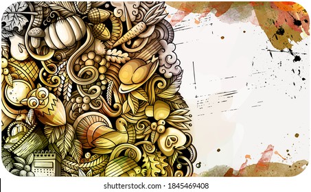 Thanksgiving day doodle banner design. Cartoon background. Harvest flyer template. Monochrome vector celebration illustration