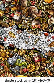 Thanksgiving day doodle banner design. Cartoon background. Harvest flyer template. Color vector celebration illustration