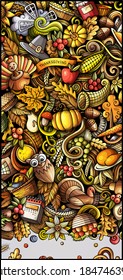 Thanksgiving day doodle banner design. Cartoon background. Harvest flyer template. Color vector celebration illustration