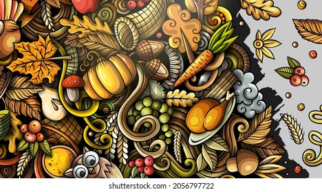 Thanksgiving day doodle banner design. Cartoon background. Harvest flyer template. Color vector celebration illustration