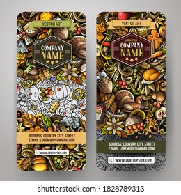 Thanksgiving day doodle banners design. Сartoon background. Harvest flyers templates. Color vector celebration illustrations