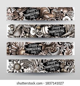 Thanksgiving day doodle banners design. Сartoon background. Harvest flyers templates. Graphics vector celebration illustrations