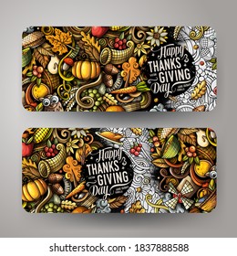 Thanksgiving day doodle banners design. Сartoon background. Harvest flyers templates. Color vector celebration illustrations