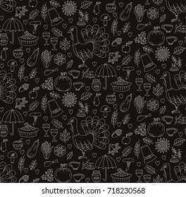 Thanksgiving day doodle icons seamless cute funny vector pattern