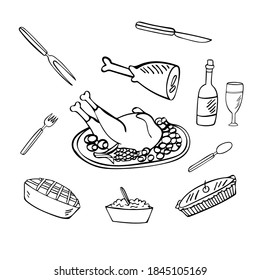 Thanksgiving day doodle set illustration of celebration dinner, turkey, autumn harvest, apple pie, porridge, vine, knife and fork. Hand drawn black line art, cartoon style.