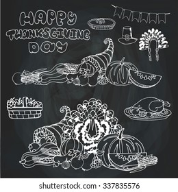 Thanksgiving day doodle set.Autumn harvest decor elements,cornucopia,Turkey,group,title.Hand drawing holiday symbols.Linear vintage vector illustration.Chalkboard background