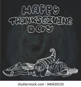 Thanksgiving day doodle set.Autumn harvest decor elements,cornucopia,group.Chalkboard background and title.Hand drawing holiday symbols.Vintage vector illustration.